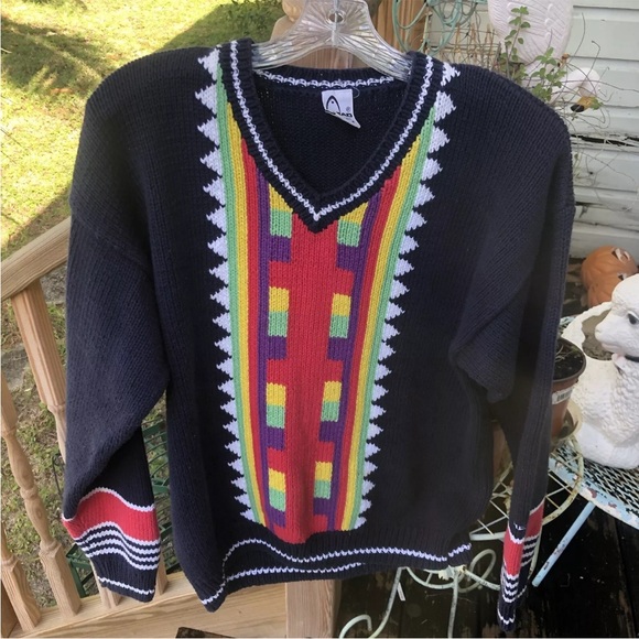 Head Geometric Sweater Sz M Blue Pink Purple Yellow Green Cotton Vintage 80s 90s